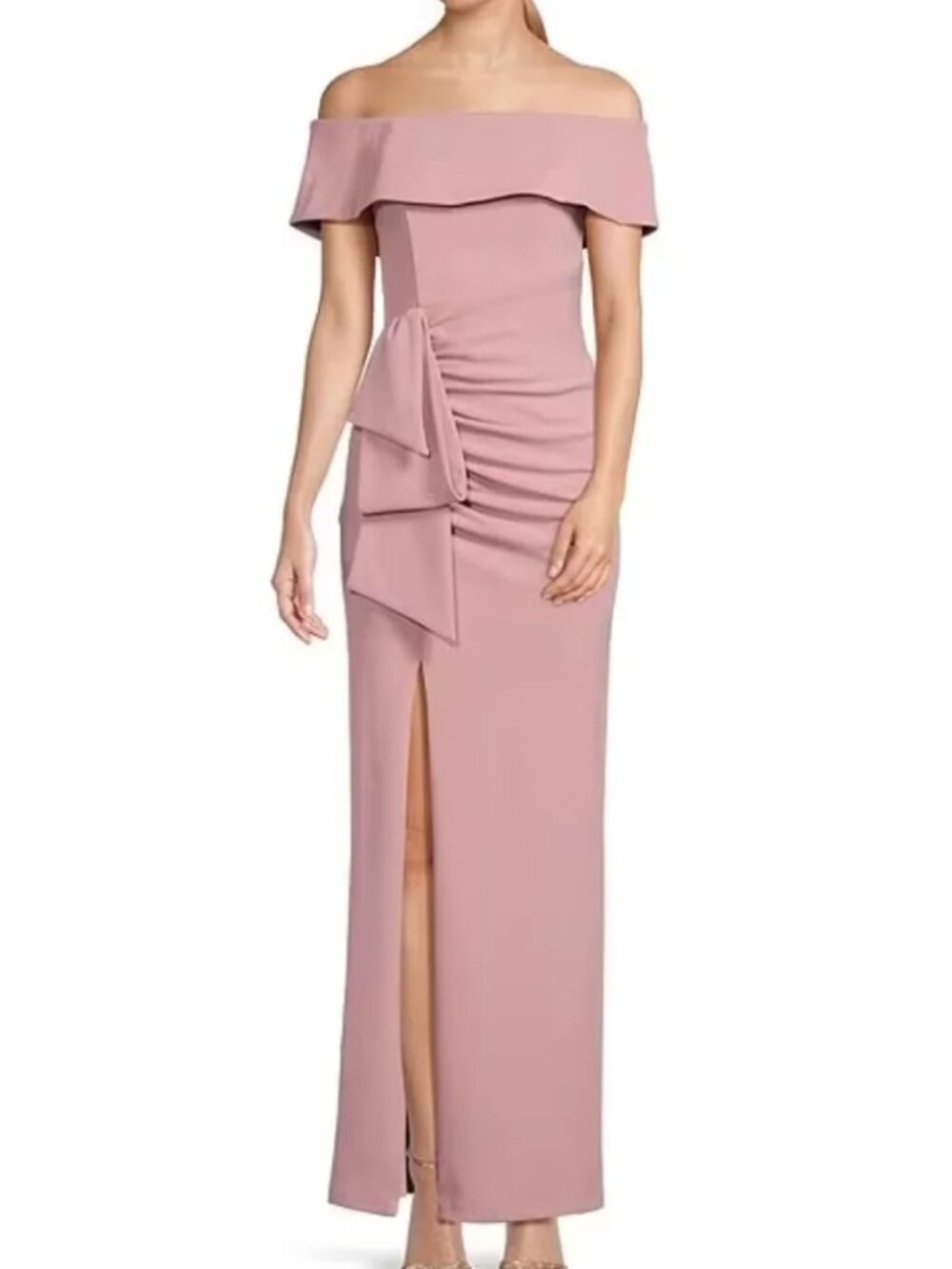 Xscape Off-the-Shoulder Ruffle Scuba Knit Gown in Blush